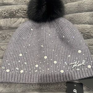 Gray Knit Beanie with Black Pom Pom by Karl Lagerfeld Paris